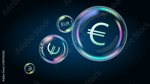 Euro EUR coin symbol in soap bubble. The US economy is inflated and burst. The financial pyramid will be destroyed. Vector EPS10.