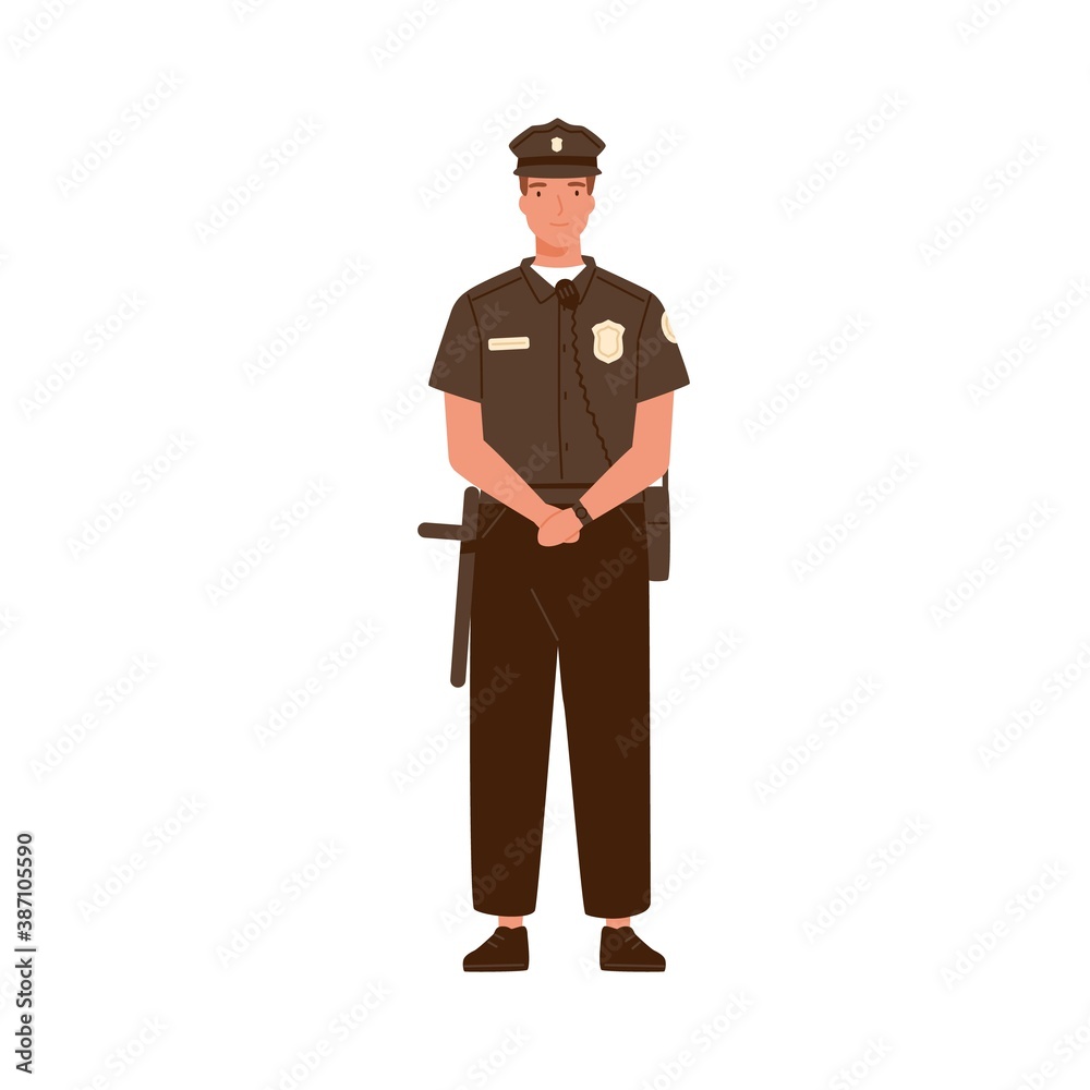 Young handsome police officer or cop isolated on white background. Policeman in uniform equipped with walkie talkie and baton. Sheriff in professional outfit. Flat vector cartoon illustration Young handsome police officer or cop isolated on white background. Policeman in uniform equipped with walkie talkie and baton. Sheriff in professional outfit. Flat vector cartoon illustration