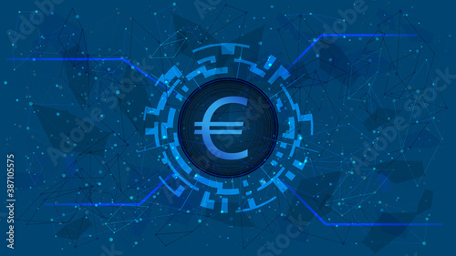 Euro EUR coin symbol in circle with digital theme on blue background. European Union currency icon for website or banner. Copy space. Vector EPS10.