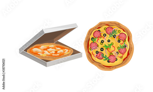 Hot and Round Unsliced Tasty Pizza Vector Set