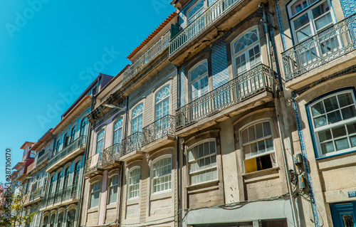 Traditional blue tile azulejo facade houses in central Porto, Portugal