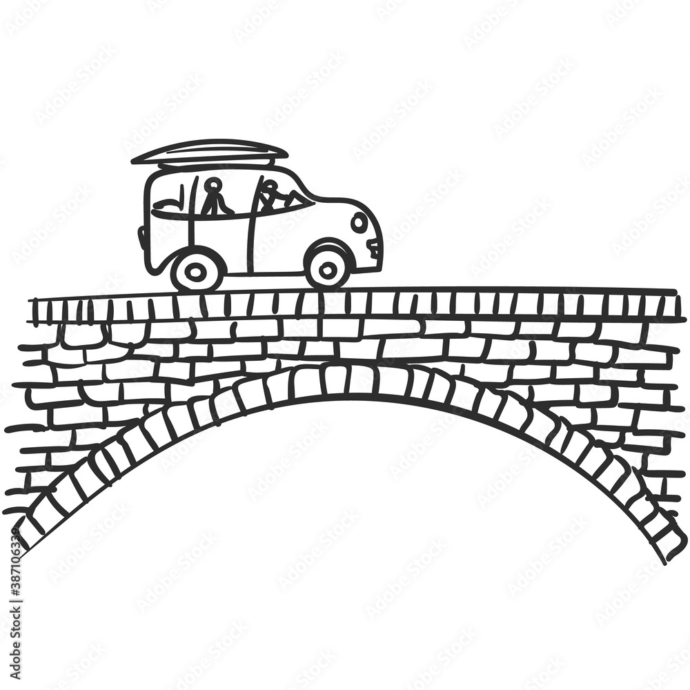 Vecteur Stock Car on bridge doodle, Small vehicle with two stick figure and  luggage rack box on roof traveling on arched brick bridge, illustration  isolated road trip cartoon, Vector sketch
