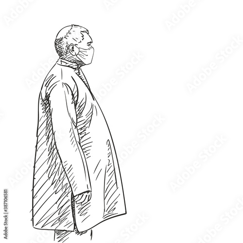Elderly man in medical face mask with big belly in traditional muslim indian dress Vector drawing, Coronavirus pandemic people sketch. Hand drawn illustration isolated white background