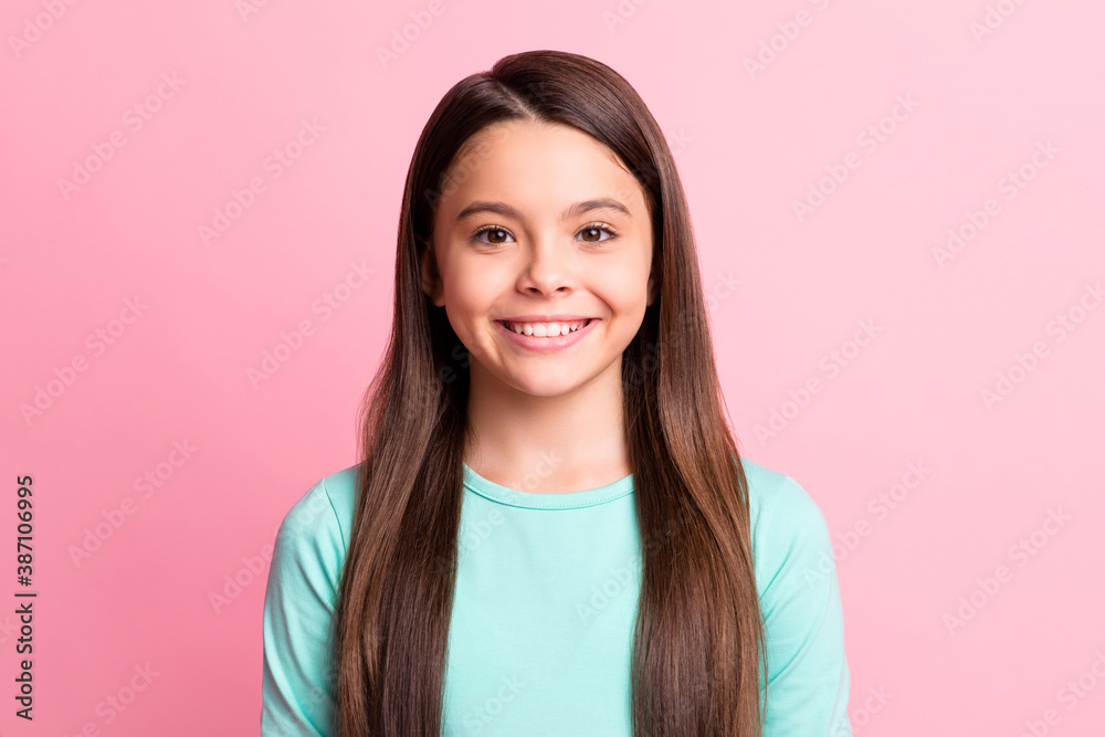Photo of cute sweet lovely little small lady kid model long hairstyle toothy shiny beaming smile wear casual stylish trendy turquoise teal sweatshirt isolated pink color background Photo of cute sweet lovely little small lady kid model long hairstyle toothy shiny beaming smile wear casual stylish trendy turquoise teal sweatshirt isolated pink color background
