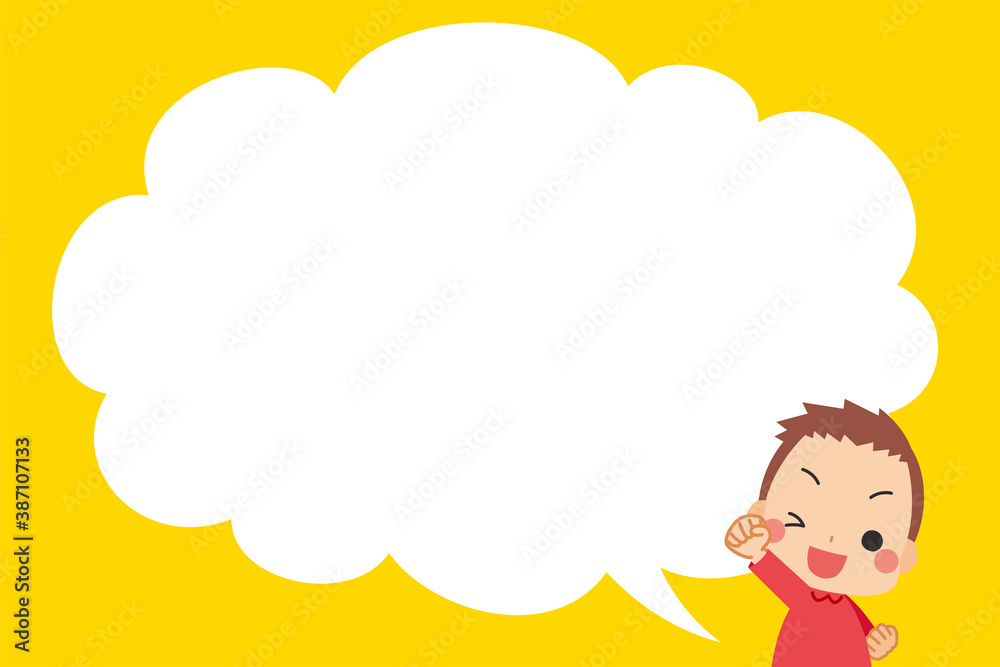 ガッツポーズをしている小さな男の子と雲形吹き出しの漫画風背景