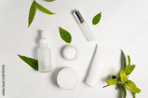 Top view above various set organic facial skincare product white tube, serum, spray bottle, cream lotion container decoration with branch of plant and green leaves on plain white isolated background