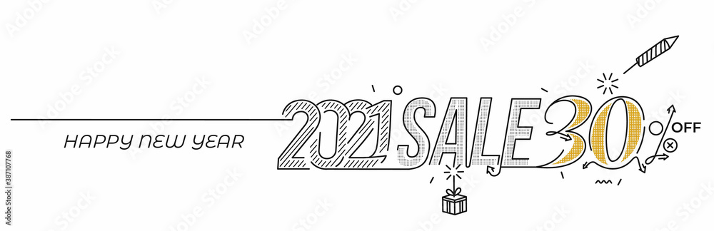 Happy New Year 2021 Text Typography Design Abstract Flat 30% Sale Banner Poster, Vector illustration.