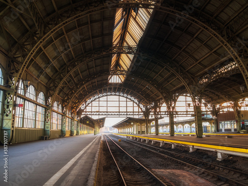 St. Petersburg, Vitebsk railway station in an early sunny morning, platform with a clock