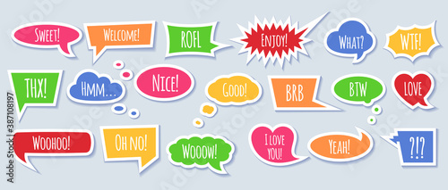Paper speech bubble with phrases - colorful cartoon comic bubbles and clouds.