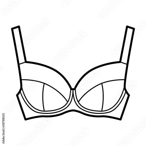 Bra full support lingerie technical fashion illustration with full adjustable wide shoulder straps, hook-and-eye closure. Flat template front white color style. Women men unisex underwear CAD mockup