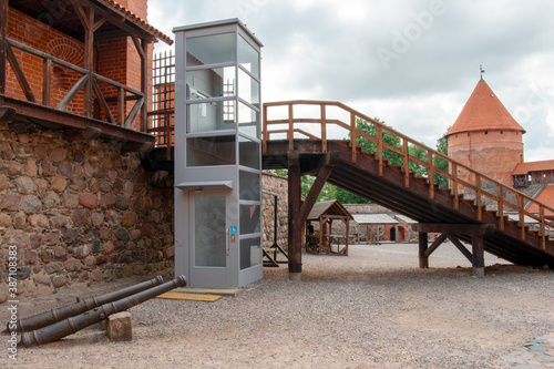Inner yard of the Trakai Island Castle. Special elevator for the disabled.