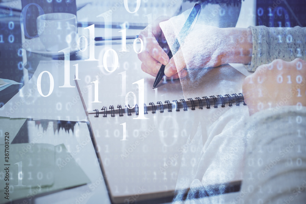 Double exposure of writing hand on background with data solution technology hologram. Ai concept. Double exposure of writing hand on background with data solution technology hologram. Ai concept.