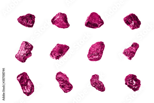 Pink gem stones set white background isolated close up, raw gemstones collection, shiny rocks, rough natural nuggets, precious crystals, mineral samples, amethyst, sapphire, topaz, spinel, tourmaline