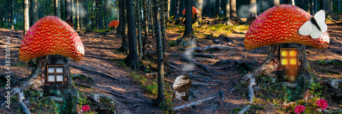 Magical, fantastic coniferous forest with pine trees and tree roots. Fairy-tale houses with Windows made of old wooden stumps for gnomes with a roof made of fly agarics. Panorama, selective focus photo