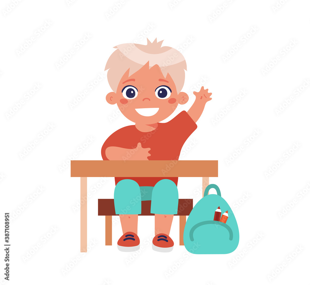 Happy little boy sitting at a desk at a lesson. Cartoon character for school, kindergarten, children development design. Flat vector illustration isolated on white background.
