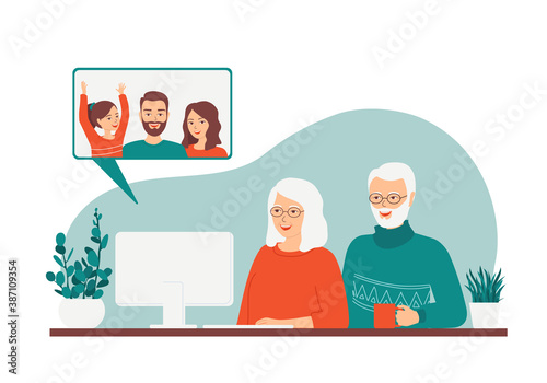 Mature gray-haired couple talking on a video call. Concept of remote communication between grandparents, retirees, elderly, age people with family online through a computer webcam. Vector illustration