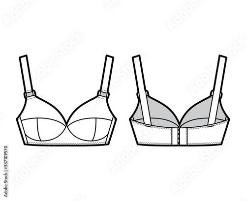 Maternity Bra lingerie technical fashion illustration with wide adjustable straps, molded cups, hook-and-eye closure. Flat brassiere template front, back white color style. Women underwear CAD mockup