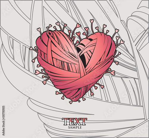 Abstract background with artistic heart from strips of fabric. Vector illustration.
