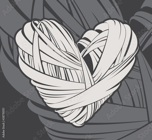 Abstract background with artistic heart from strips of fabric. Vector illustration.