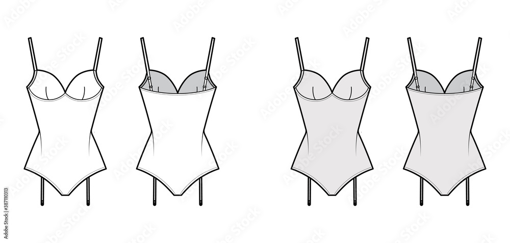 Fototapeta premium Teddiette gartered bodysuit technical fashion illustration with molded cup, adjustable shoulder straps. Flat one-piece apparel template front, back white grey color. Women unisex underwear CAD mockup