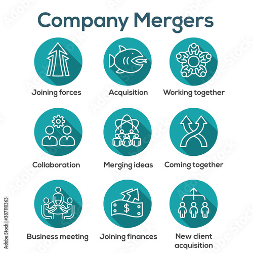 Companies merging together, one buying out the other - icons
