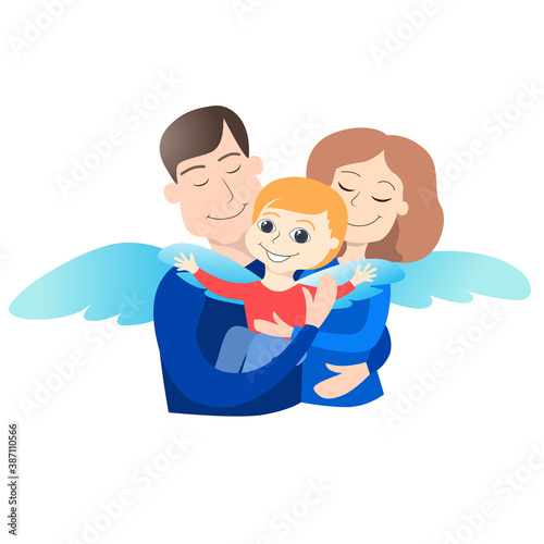 A family of father, mother and little boy. Parents hold their son in their arms, everyone has wings. Family support, trust and love concept in cartoon flat style. All have joyful and happy faces.