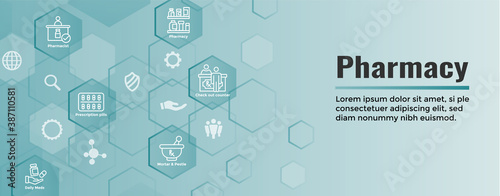 Pharmaceuticals and medications icon set w web header banner