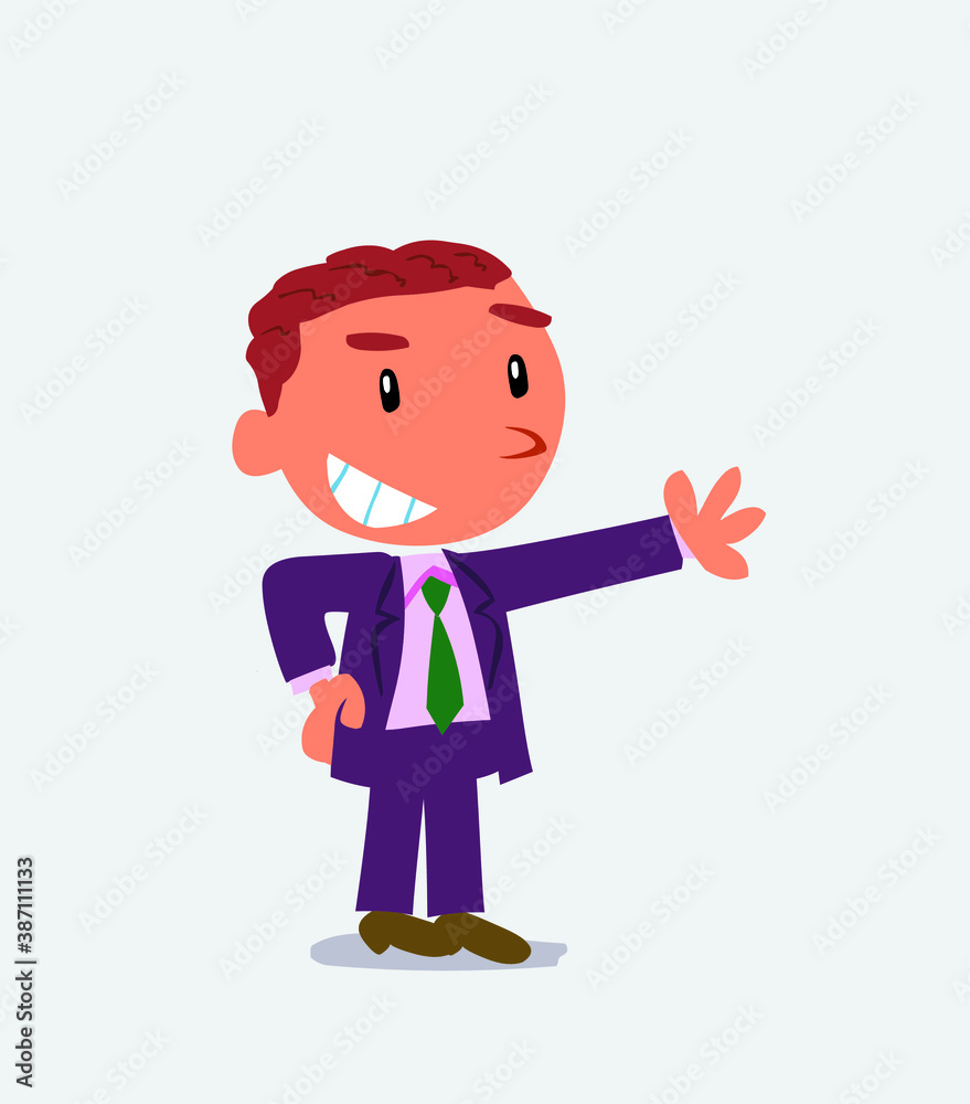 : Pleased cartoon character of businessman points to something