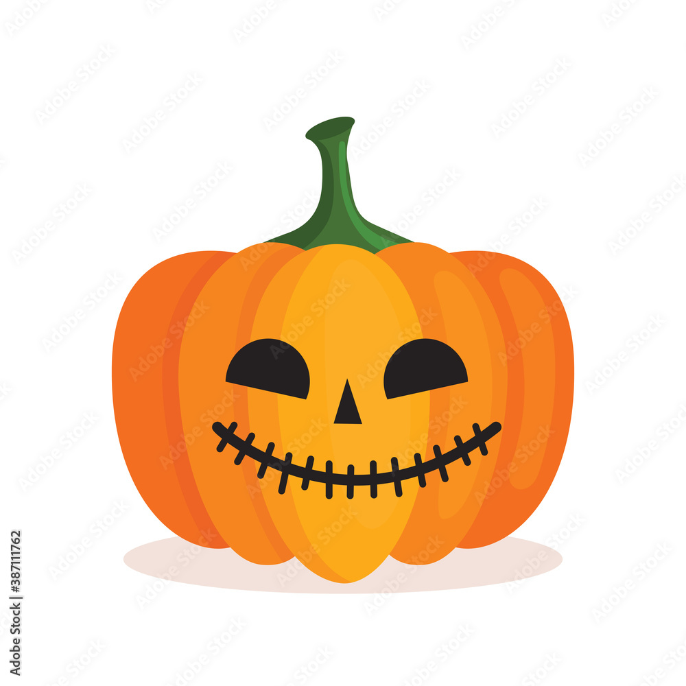 Fototapeta premium Orange pumpkin lantern with a scary face for Halloween. Festive decoration. Cartoon isolated vector illustration on white background
