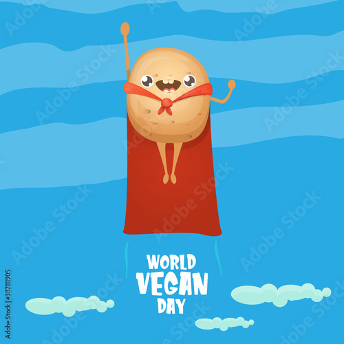 World vegan day banner or greeting card with cflying super hero potato with red hero cape on blue sky background. Super vegetable kawaii food funky character