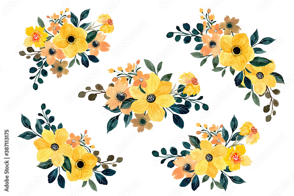 Yellow floral bouquet collection with watercolor