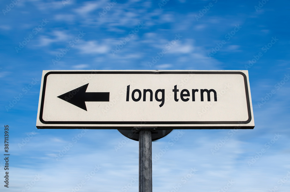 Long term road sign, arrow on blue sky background. One way blank road sign with copy space. Arrow on a pole pointing in one direction.