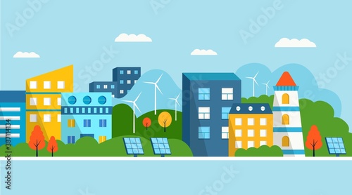 Green modern house with solar panels and wind turbine. Eco friendly alternative energy. Ecosystem city landscape. Flat vector illustration.