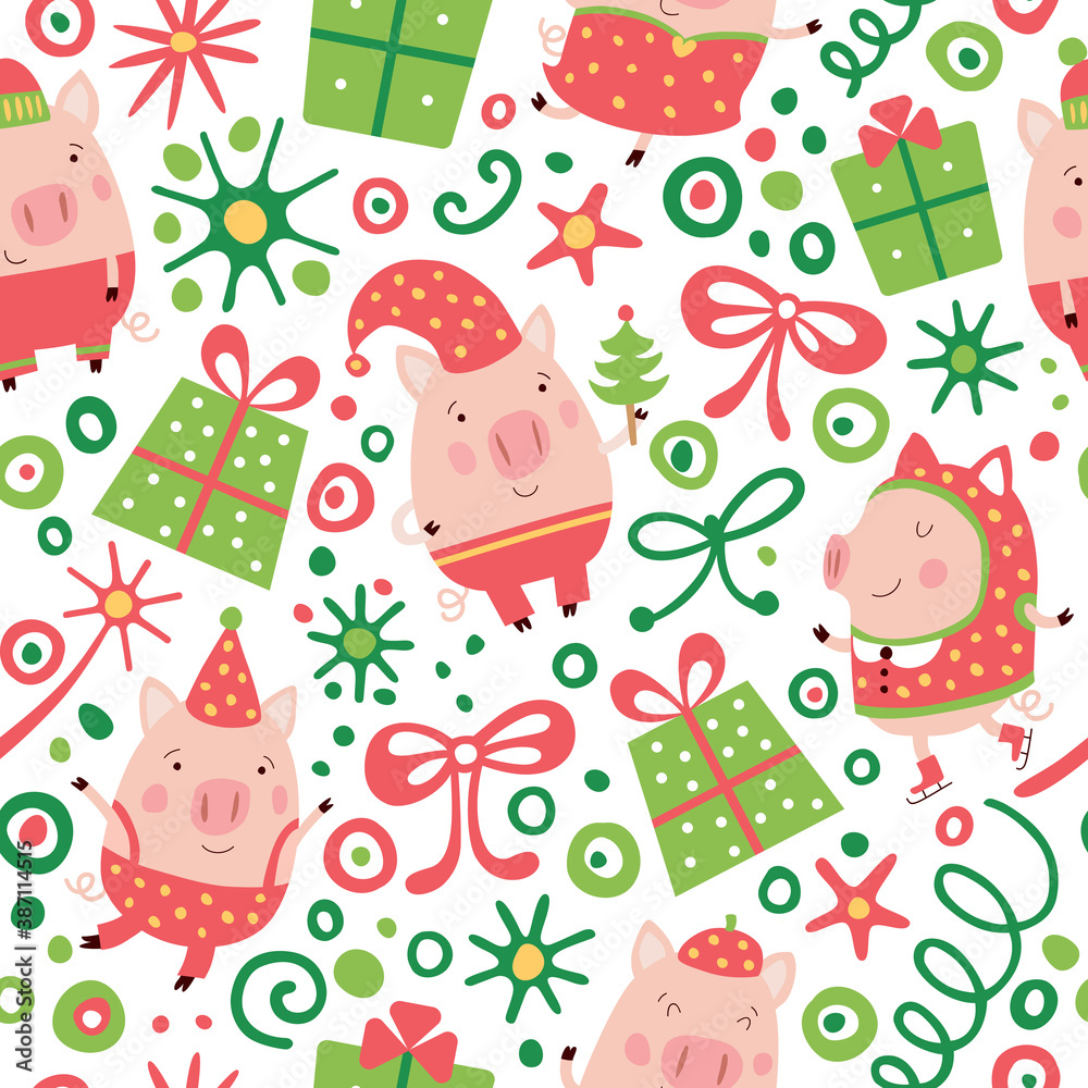 Fototapeta premium Christmas pattern with funny pigs, gifts and stars.