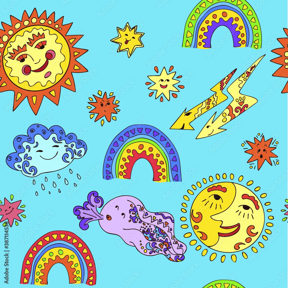 Obraz pattern seamless, sun, moon, month, stars, rainbows, lightning, cloud with rain, wind, children's drawing, doodle, printable, vector illustration