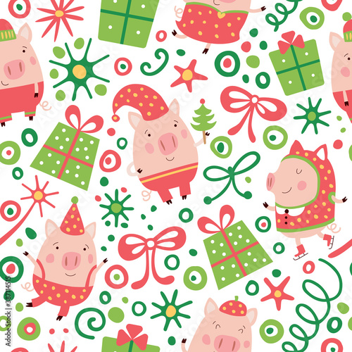 Christmas pattern with funny pigs, gifts and stars.