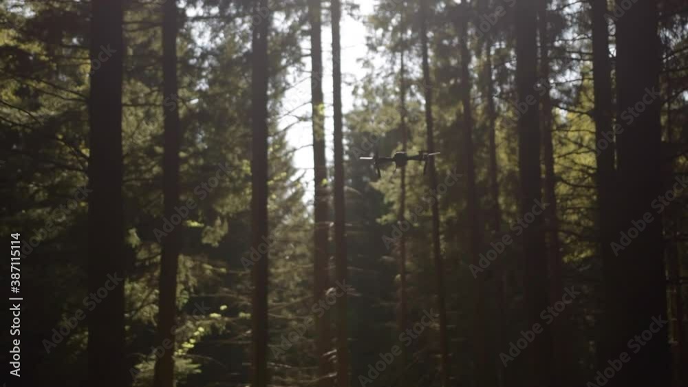 SLOW MOTION: DJI Mavic Drone Hovering in Forest dusty sunlight SLOW MOTION: DJI Mavic Drone Hovering in Forest dusty sunlight