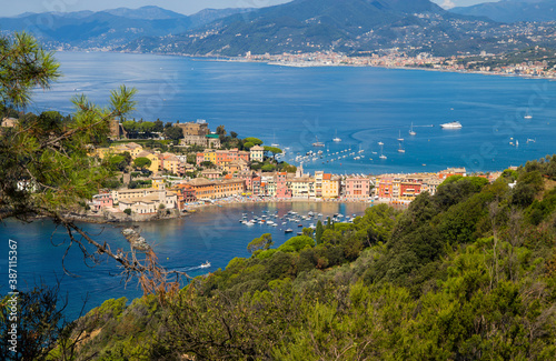 Aerial view of the "Baia del Silenzio" (Bay of Silence) in Sestri Levante, Ligurian coast, Genoa province, Italy.