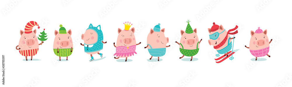 Set of cheerful and cute piglets for decoration of holiday prints. Christmas pigs. Set of cheerful and cute piglets for decoration of holiday prints. Christmas pigs.