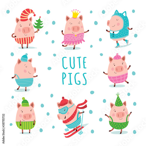 Set of cheerful and cute piglets for decoration of holiday prints. Christmas pigs. 