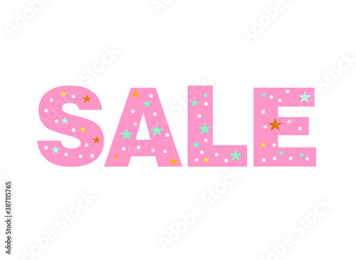 colored inscription sale with stars and dots on a white background
