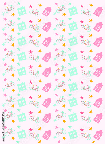 cute pattern with houses, bicycle, tree, vector illustration on pink background