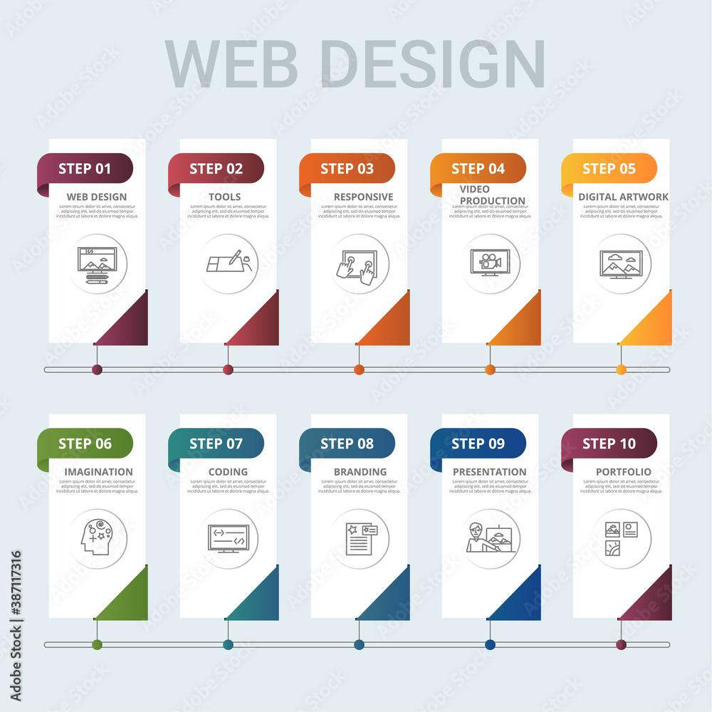 Infographic Web Design template. Icons in different colors. Include Web Design, Tools, Responsive, Video Production and others.