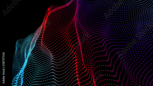 Node 3d data array. Dots organized to network data flow. Deep big surface nodes as mesh grid. Vector colorful background