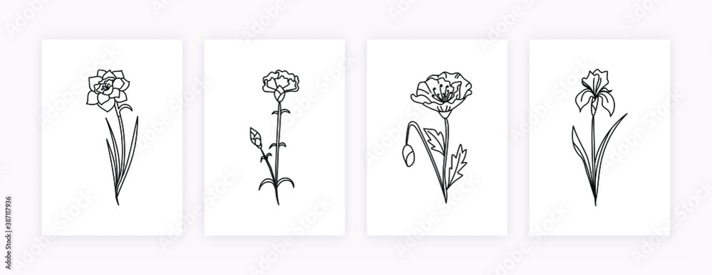 Modern flower summer posters set. Hand drawn floral wall art and postcards, minimalist banners with flowers isolated on white. Vector illustration