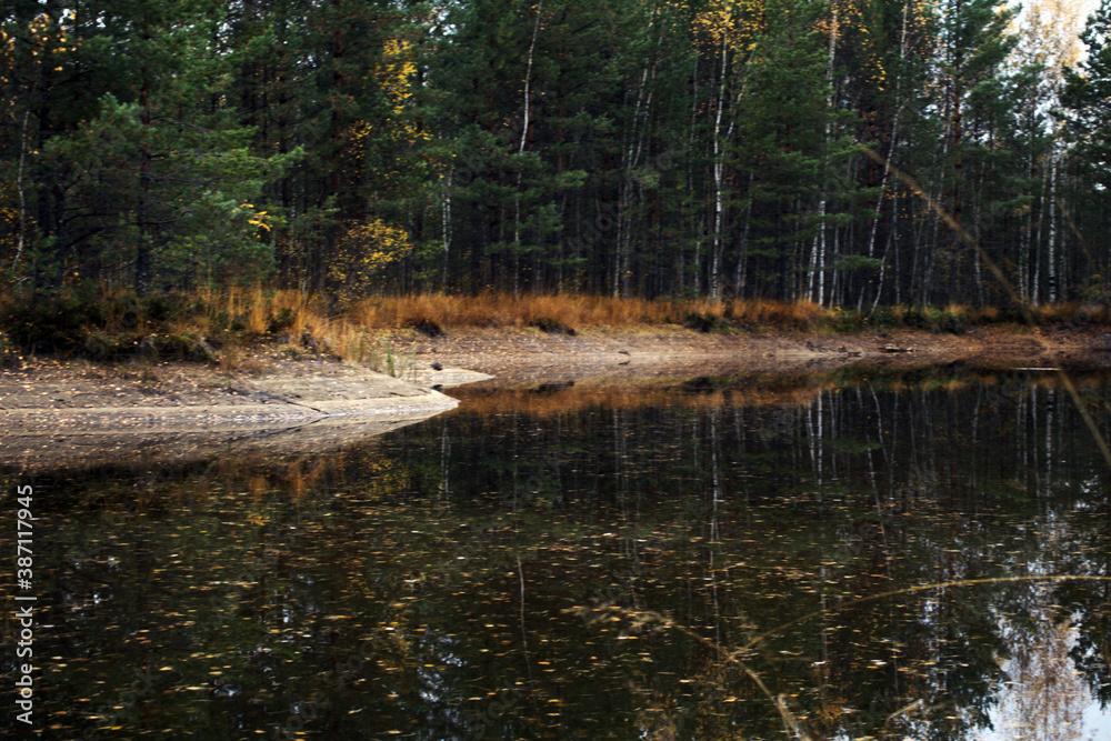 Lake in the autumn forest. Sandy shore of the lake. Lake in the autumn forest. Sandy shore of the lake.