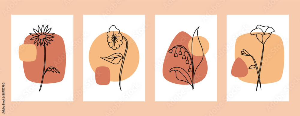 Wall art abstract posters set with flowers and organic shapes. Contemporary design for print, doodle shapes. Modern vector illustration Wall art abstract posters set with flowers and organic shapes. Contemporary design for print, doodle shapes. Modern vector illustration
