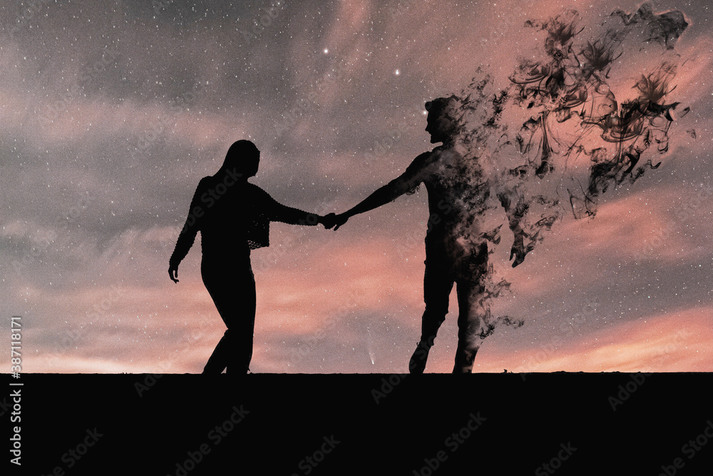 Silueta de pareja en negro. La figura del hombre se desvanece en humo. Concepto de fin del amor, termina el amor, pareja separándose, pareja en la distancia. Stock Photo | Adobe Stock Silueta de pareja en negro. La figura del hombre se desvanece en humo. Concepto de fin del amor, termina el amor, pareja separándose, pareja en la distancia. Stock Photo | Adobe Stock