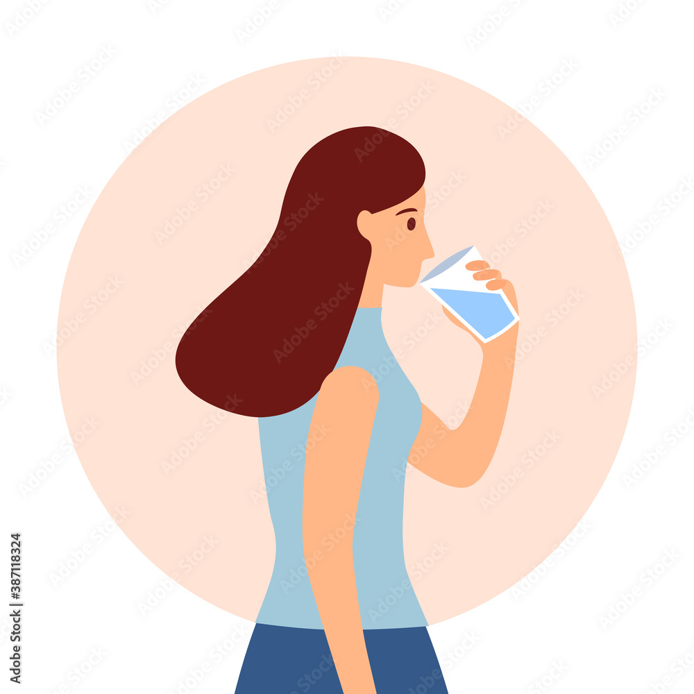 Woman drinking a glass of water. Thirsty and dehydration. Female character drink mineral water for health in flat design.