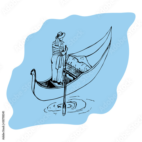 Gondola with a gondolier on a blue background